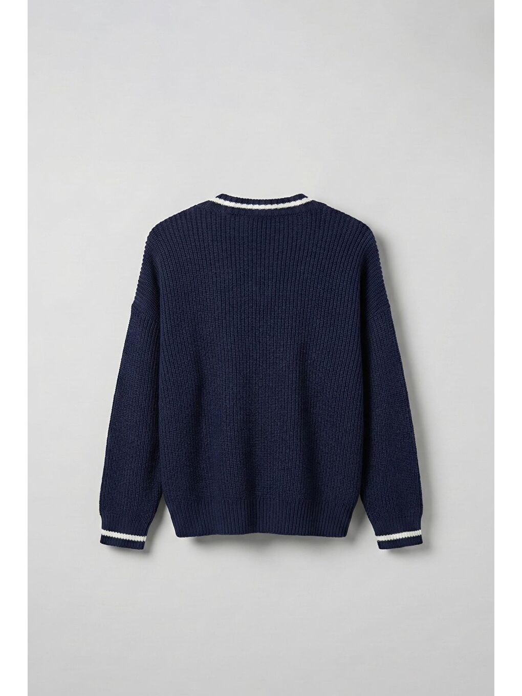 Erkek V Yaka Oversize Kontrast Detaylı %100 Pamuk Kazak Lacivert-1