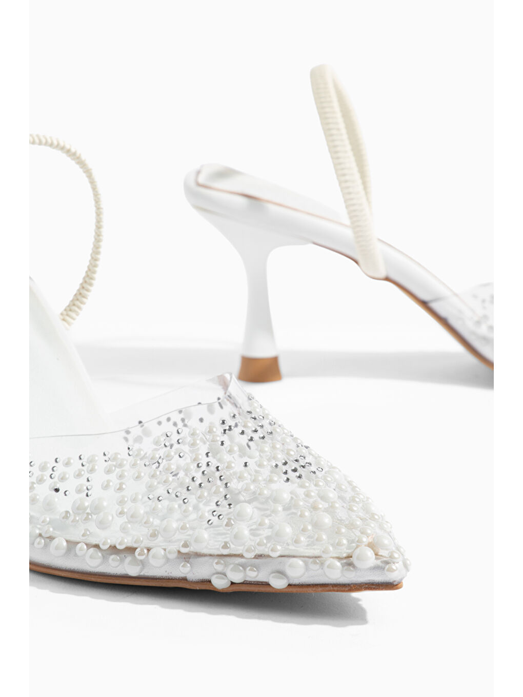 Beyaz İncili Kadın Stiletto Taşlı Sivri Burun Arkası Açık Abiye Topuklu Ayakkabı-9