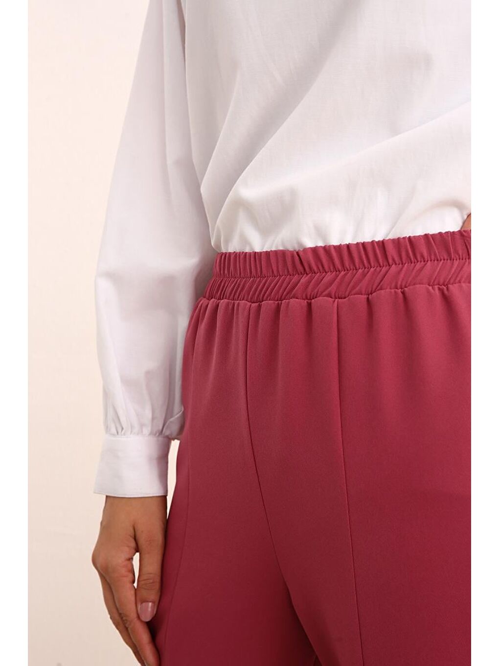 Pembe Gül Beli Lastikli Bol Paça Pantolon-4