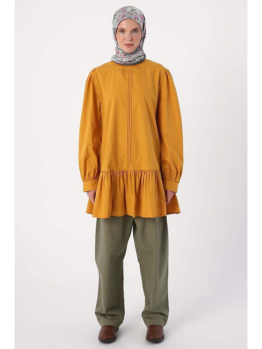 Sarı Hardal Nervürlü Yakasız Pamuklu Tunik-1