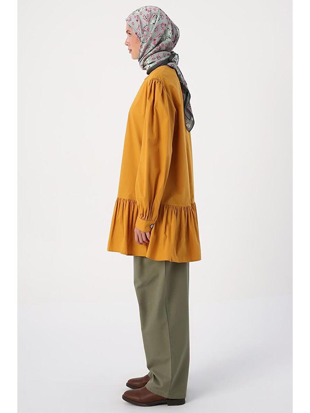 Sarı Hardal Nervürlü Yakasız Pamuklu Tunik-2