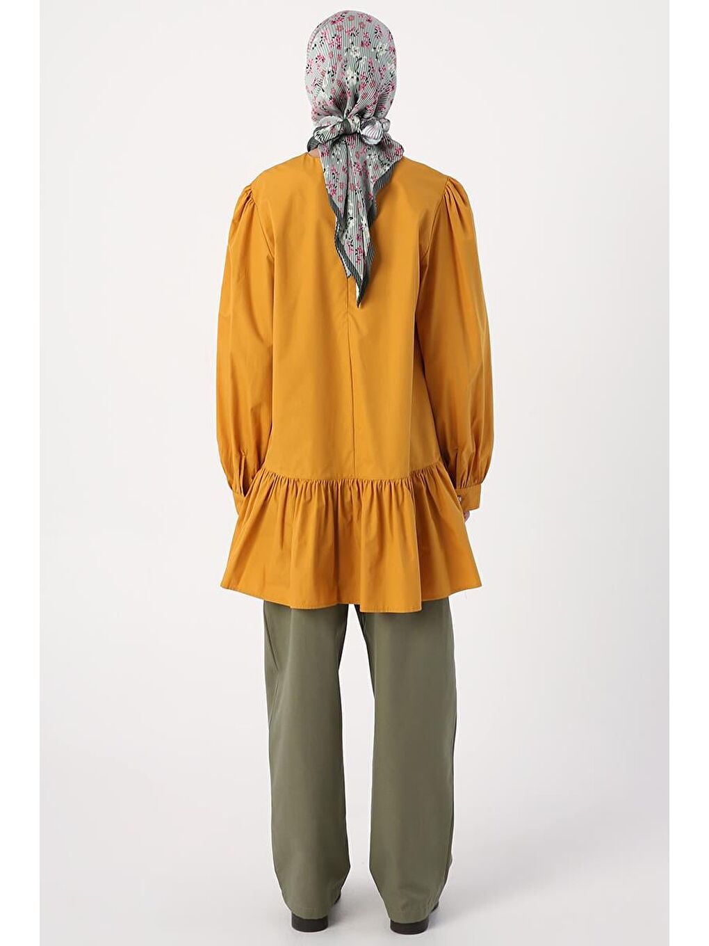 Sarı Hardal Nervürlü Yakasız Pamuklu Tunik-3