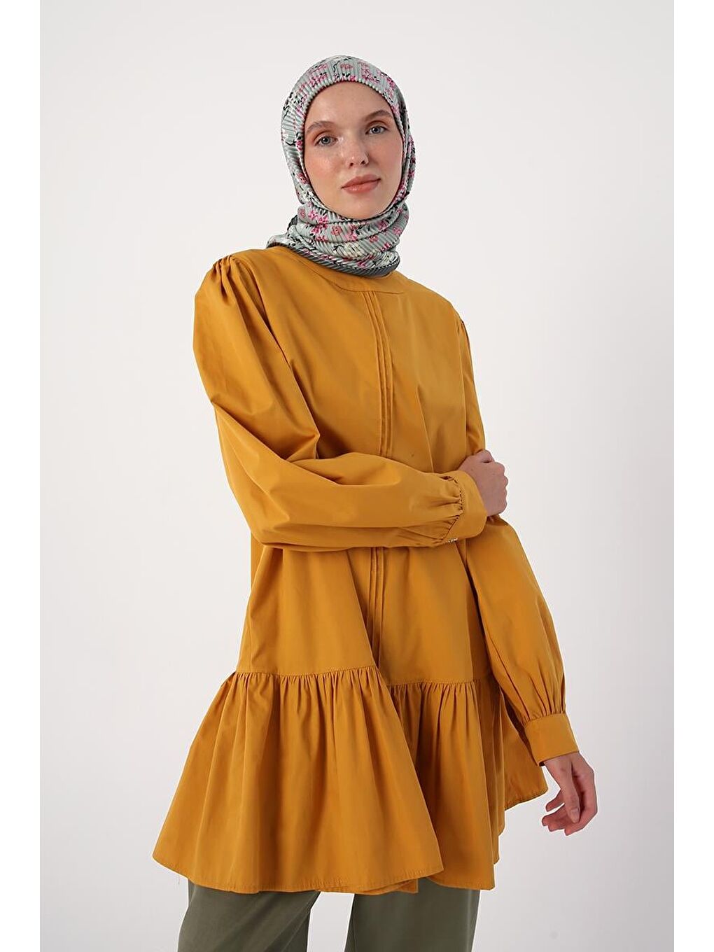 Sarı Hardal Nervürlü Yakasız Pamuklu Tunik-4