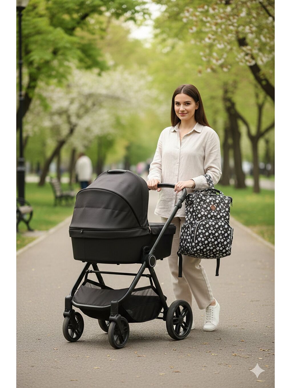 Siyah Çiçek Desenli Çok Fonksiyonlu Anne Bebek Bakım Çantası 19712-1