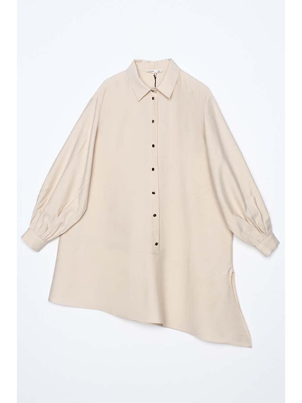 Bej Taş-Eteği Asimetrik Yırtmaçlı Gömlek Yaka Tunik-6