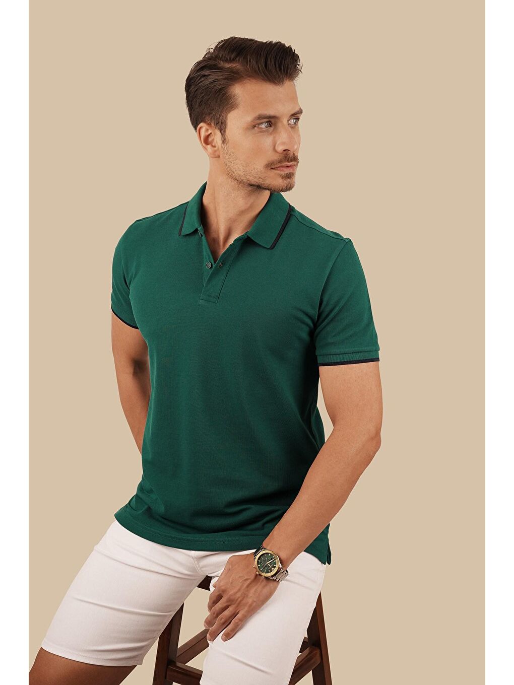 Yeşil Lacivert Yaka Çizgili Erkek Polo Yaka Tişört-2