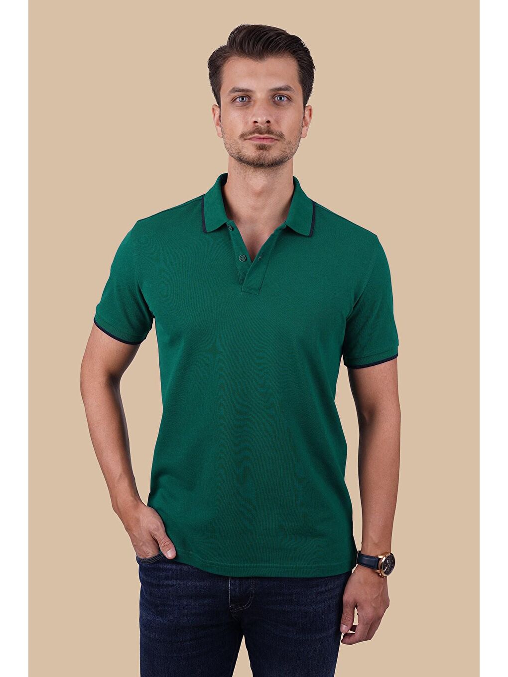 Yeşil Lacivert Yaka Çizgili Erkek Polo Yaka Tişört-4