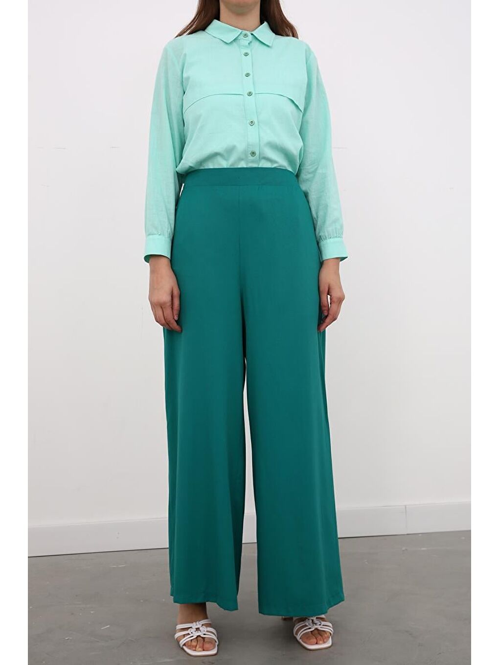 Zümrüt Yeşili Bol Paça Pantolon-1