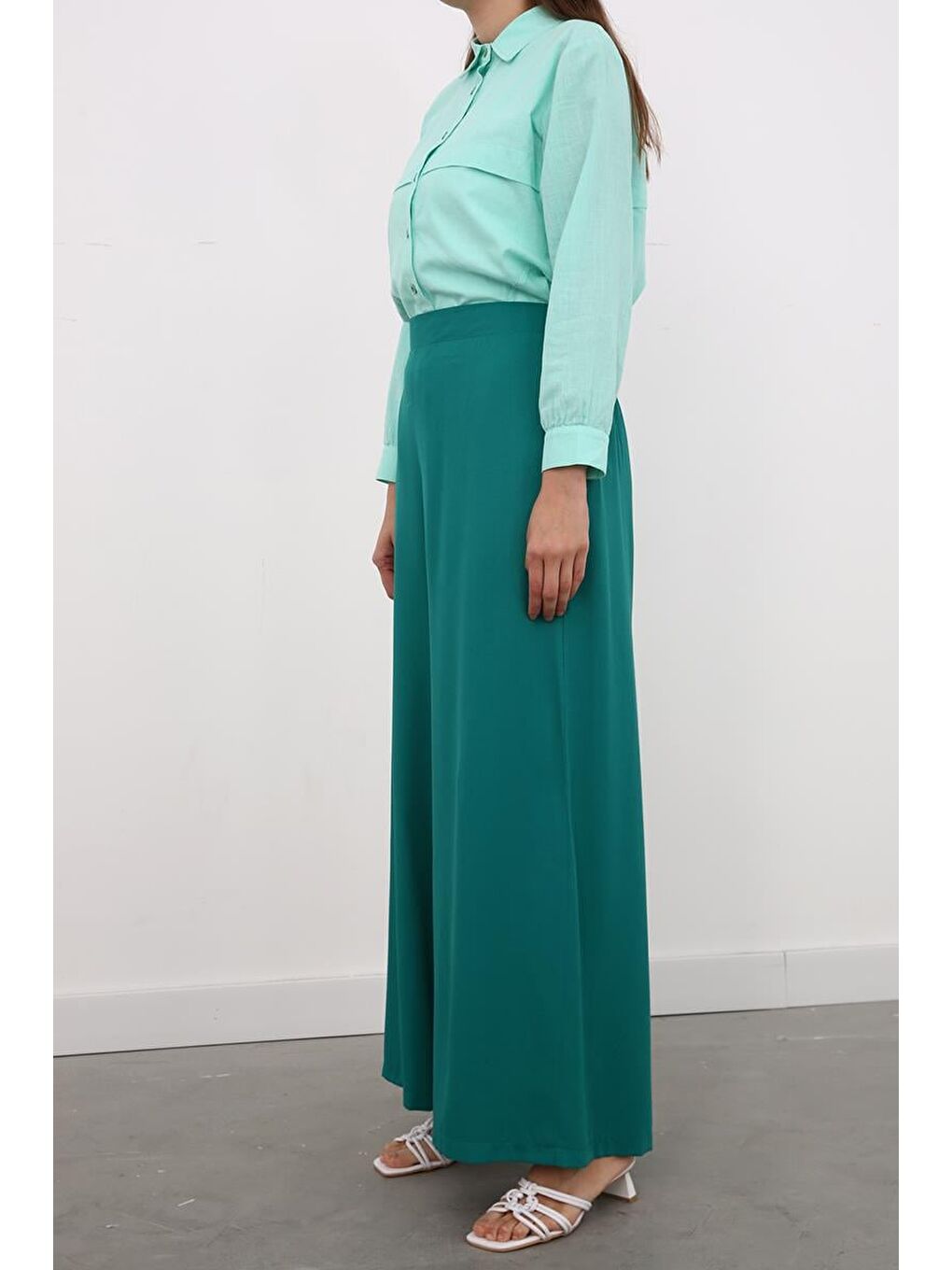 Zümrüt Yeşili Bol Paça Pantolon-2