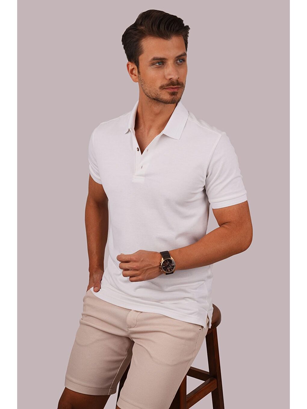 Beyaz Yaka Desenli Erkek Polo Yaka %100 Pamuk Tişört-1