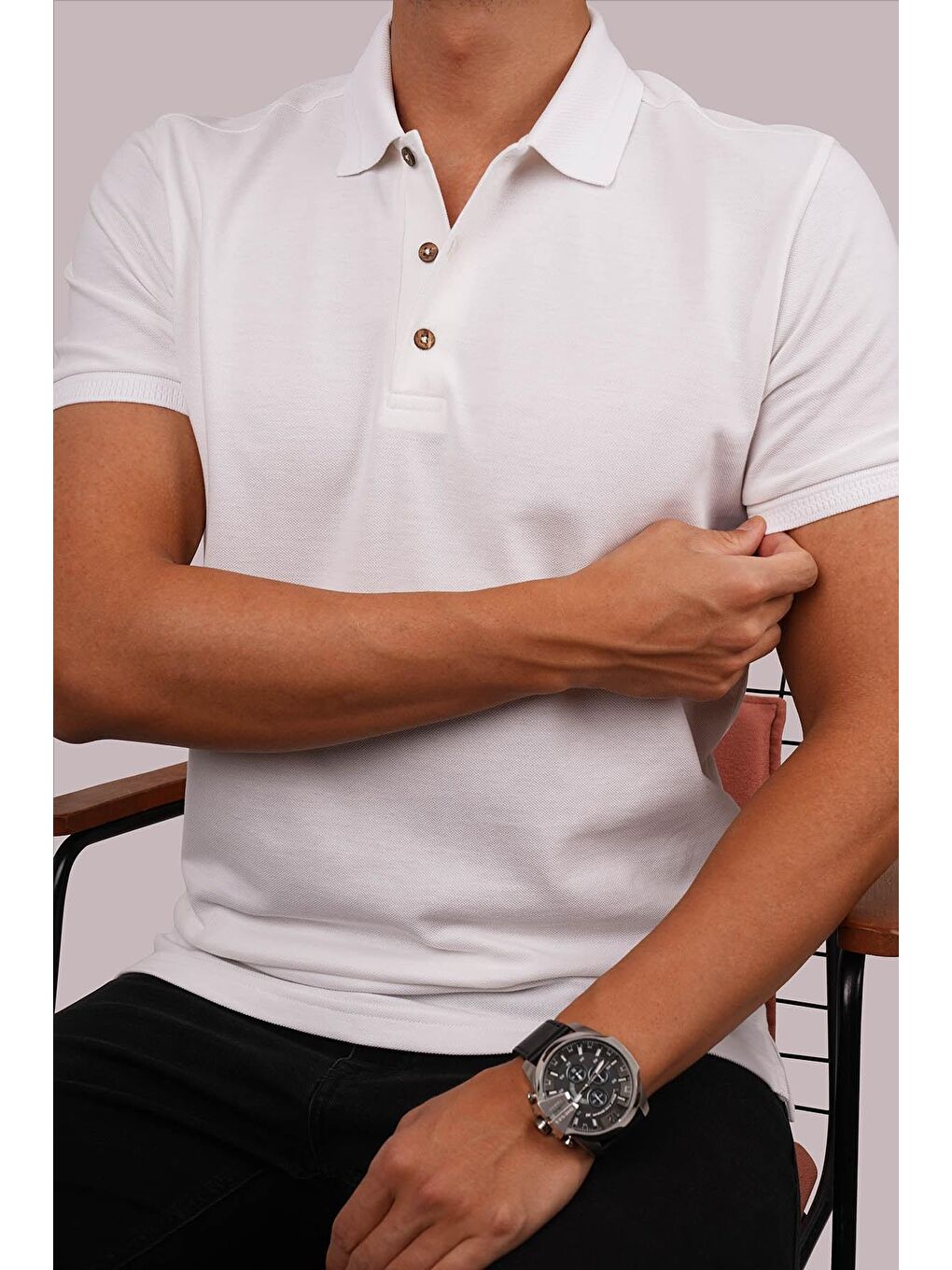 Beyaz Yaka Desenli Erkek Polo Yaka %100 Pamuk Tişört-2