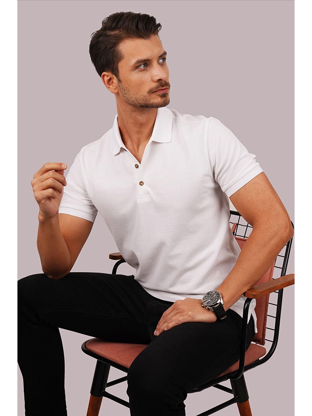 Beyaz Yaka Desenli Erkek Polo Yaka %100 Pamuk Tişört-6