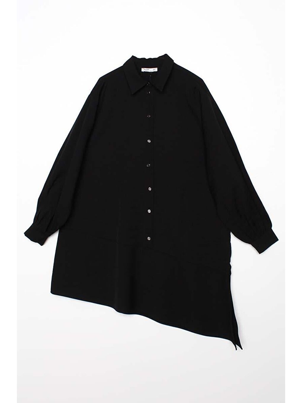 Siyah Eteği Asimetrik Yırtmaçlı Gömlek Yaka Tunik-6