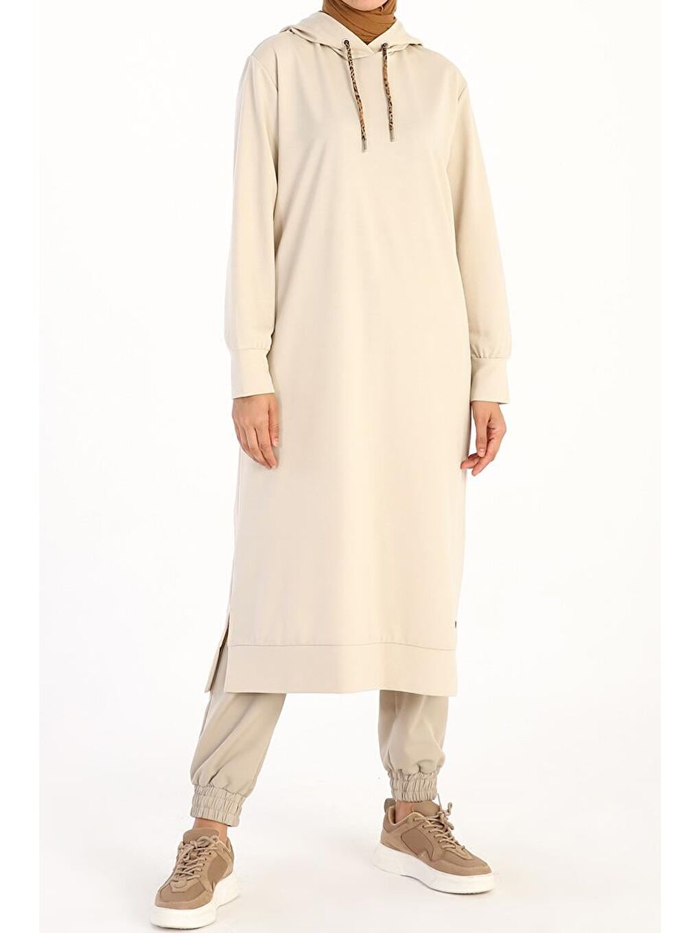 Bej Taş-Leopar Bağcıklı Kapüşonlu Rahat Tunik-1