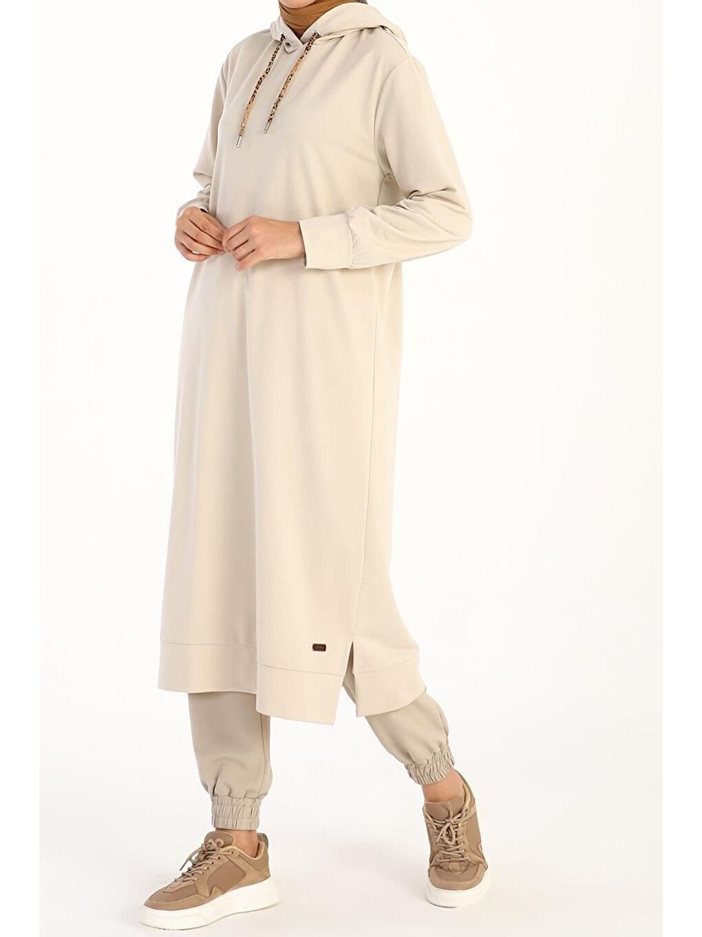 Bej Taş-Leopar Bağcıklı Kapüşonlu Rahat Tunik-3