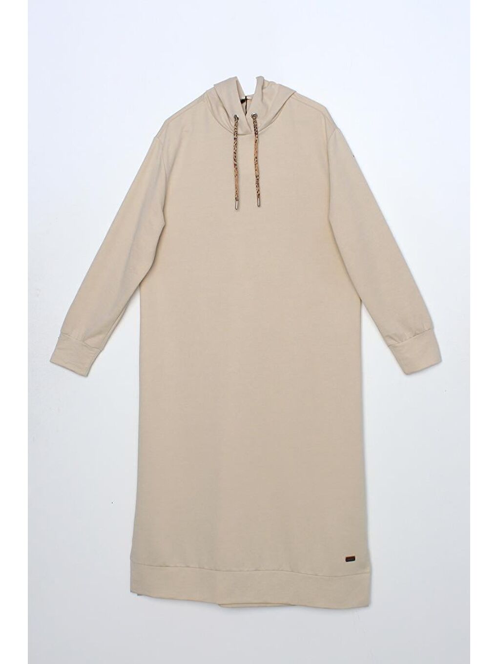 Bej Taş-Leopar Bağcıklı Kapüşonlu Rahat Tunik-5