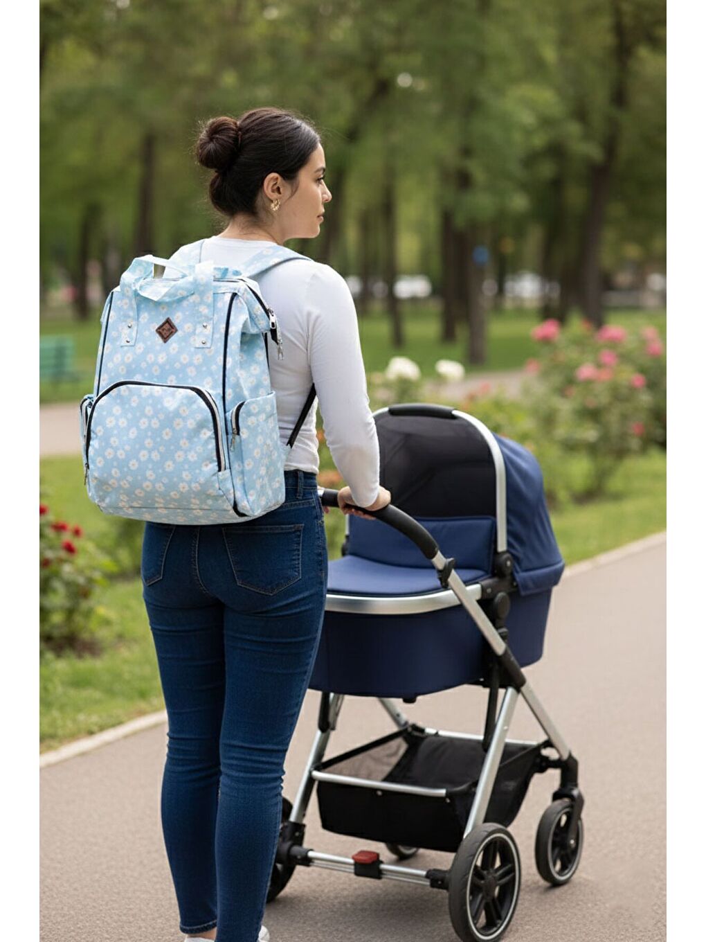 Mavi Çiçek Desenli Çok Fonksiyonlu Anne Bebek Bakım Çantası 19711