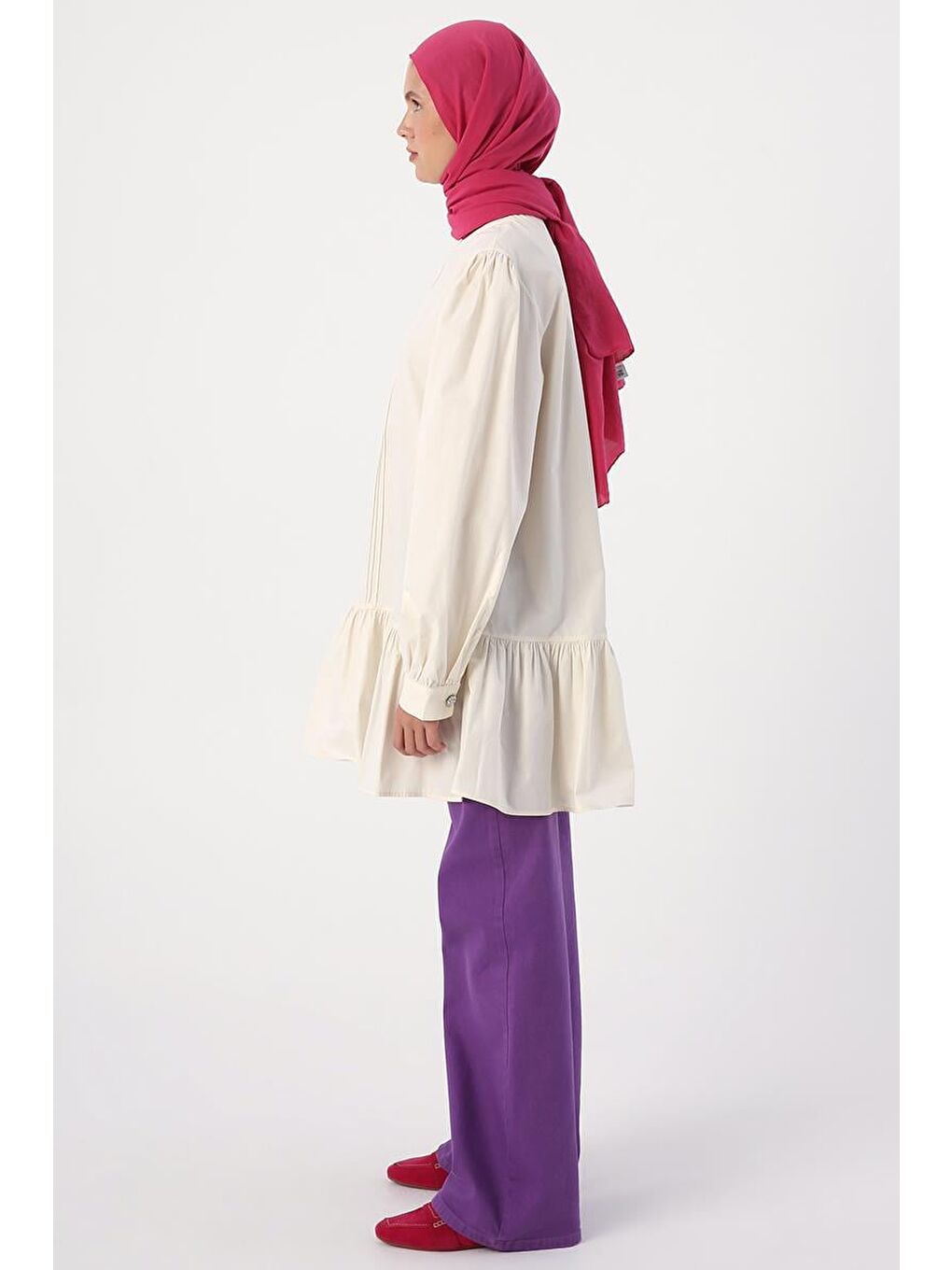 Ekru Nervürlü Yakasız Pamuklu Tunik-2