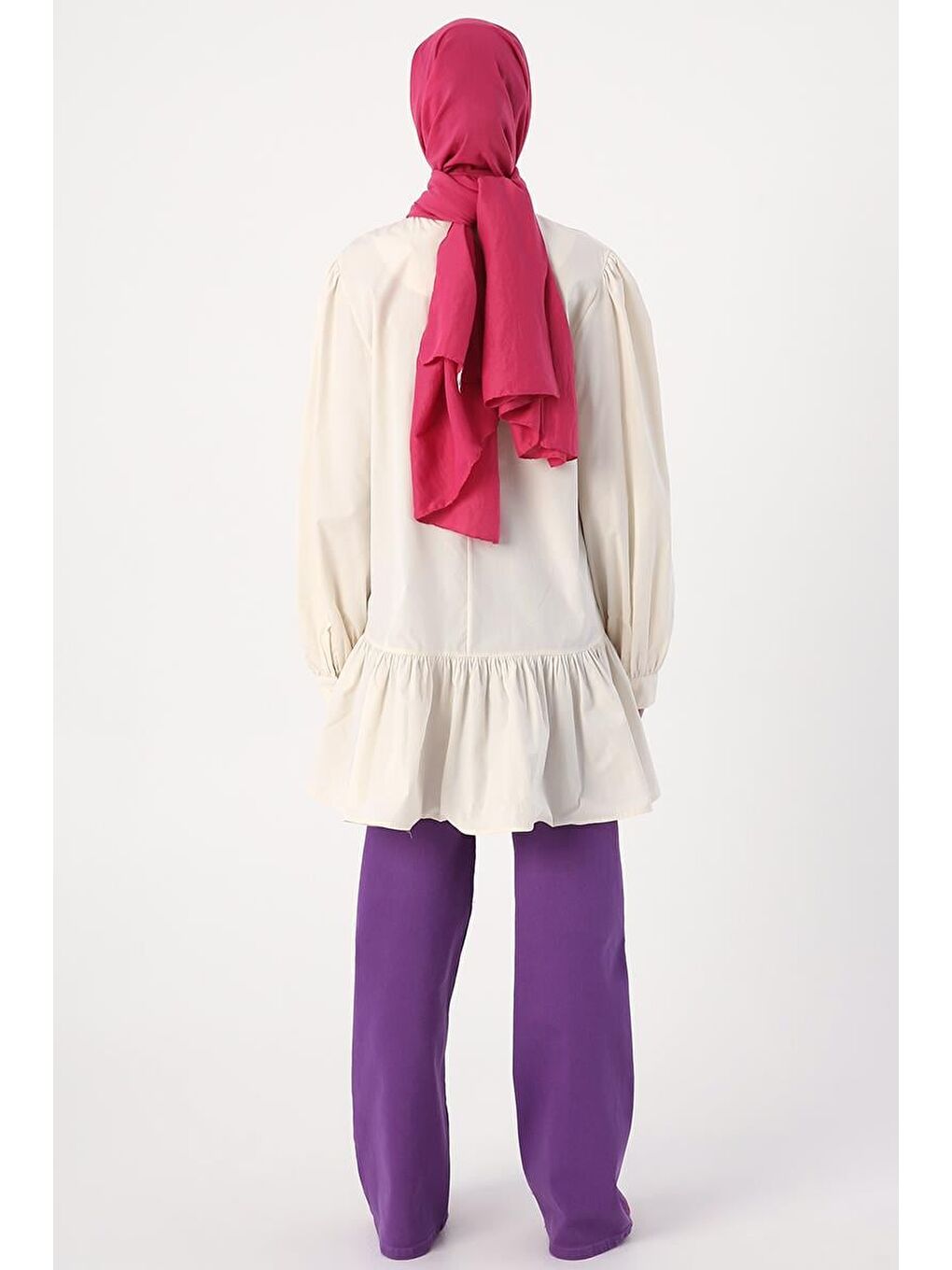 Ekru Nervürlü Yakasız Pamuklu Tunik-3