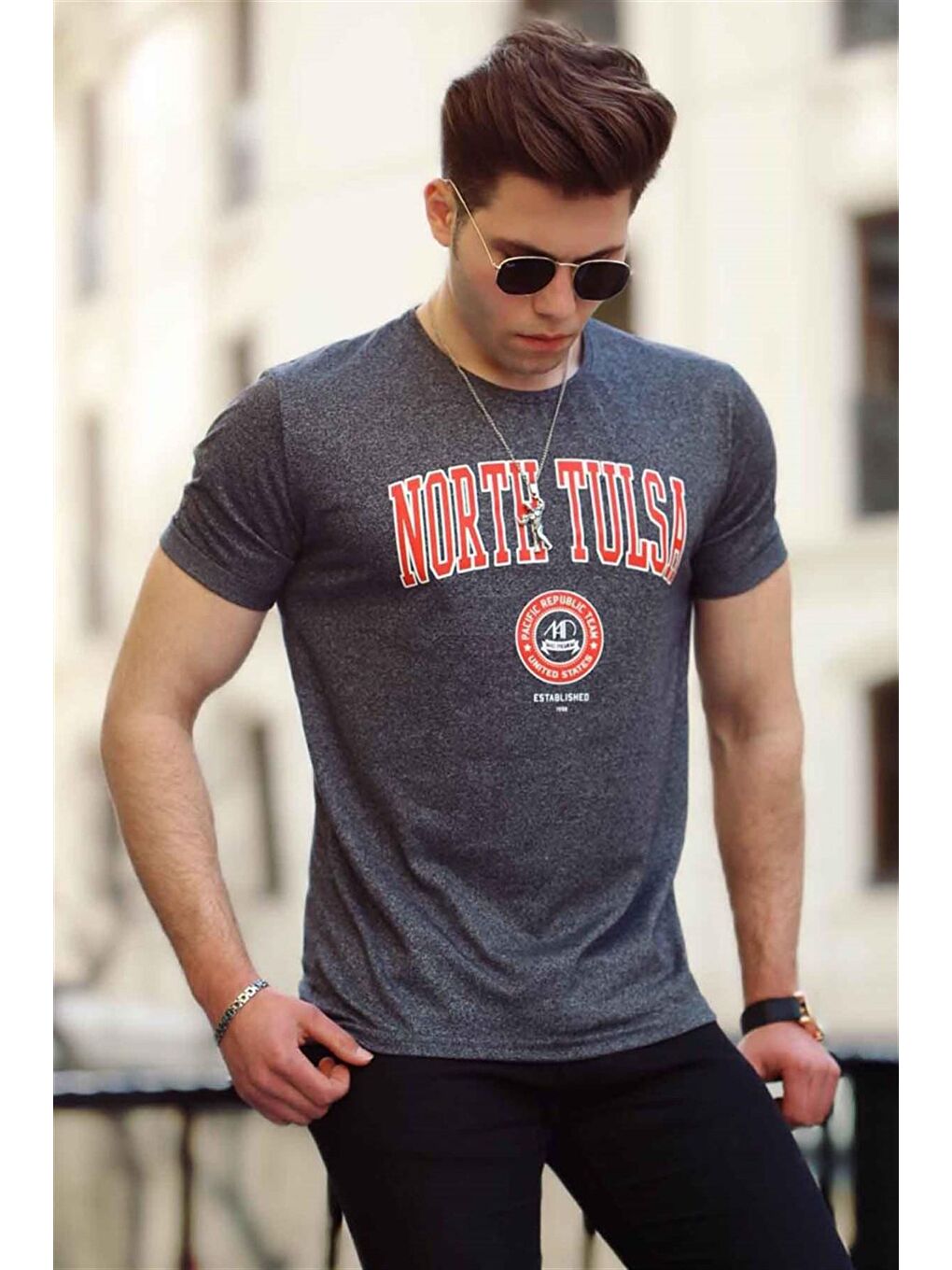 Baskılı Antrasit Erkek %100 Pamuk Tişört 4519