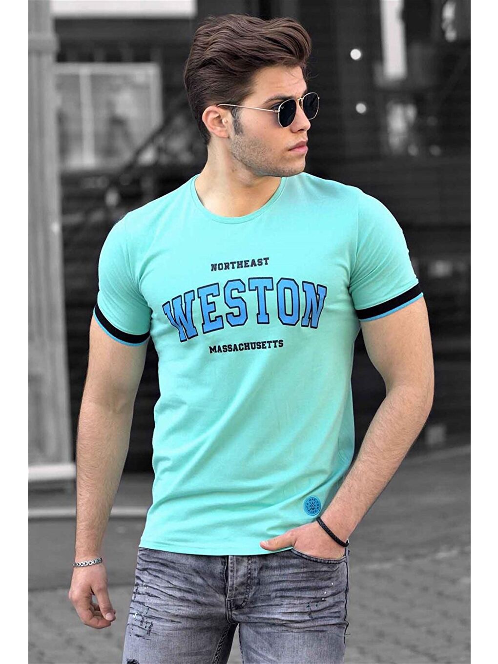 Baskılı Mint Yeşili Erkek Tişört 4593-1