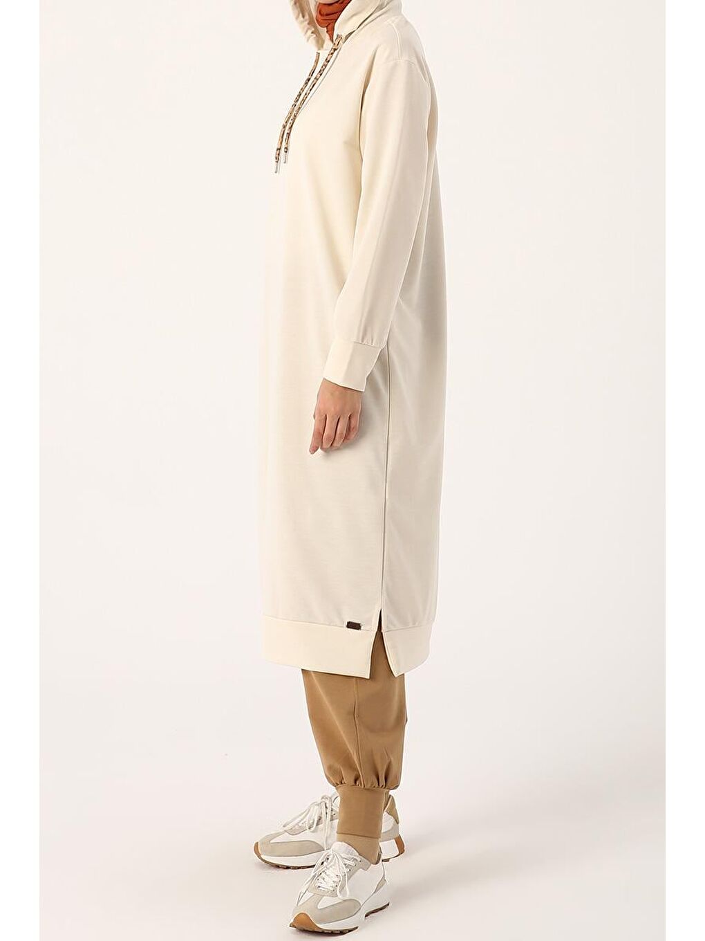 Ekru-Leopar Bağcıklı Kapüşonlu Rahat Tunik-1