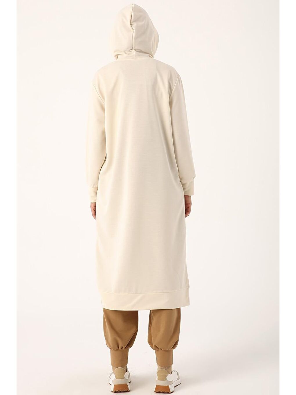 Ekru-Leopar Bağcıklı Kapüşonlu Rahat Tunik-3