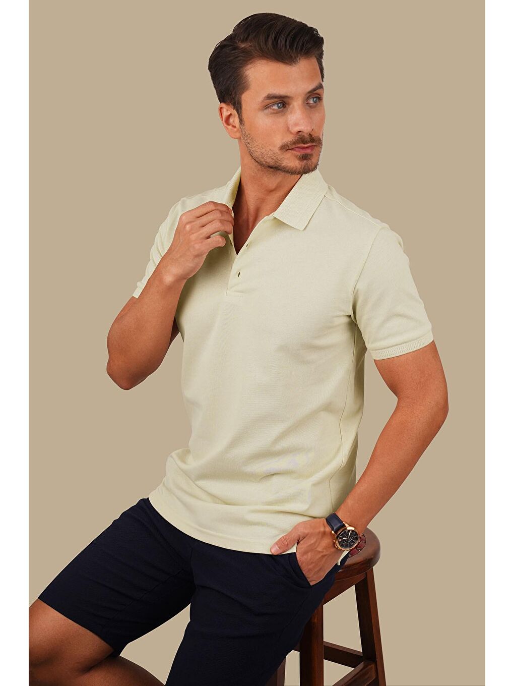 Bej Yaka Desenli Erkek Polo Yaka Tişört-2