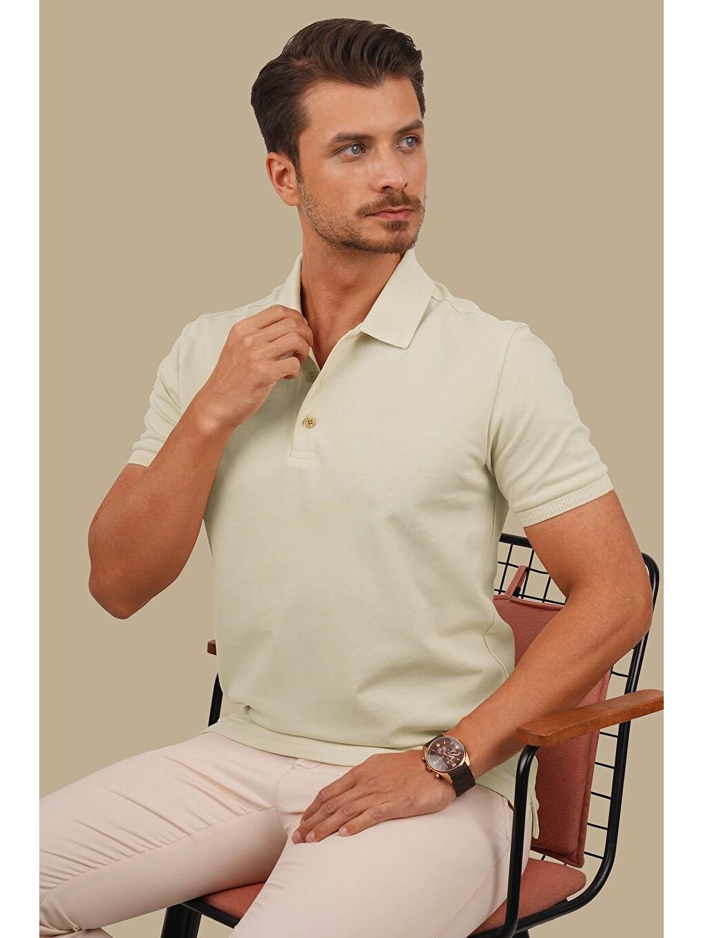 Bej Yaka Desenli Erkek Polo Yaka Tişört-4