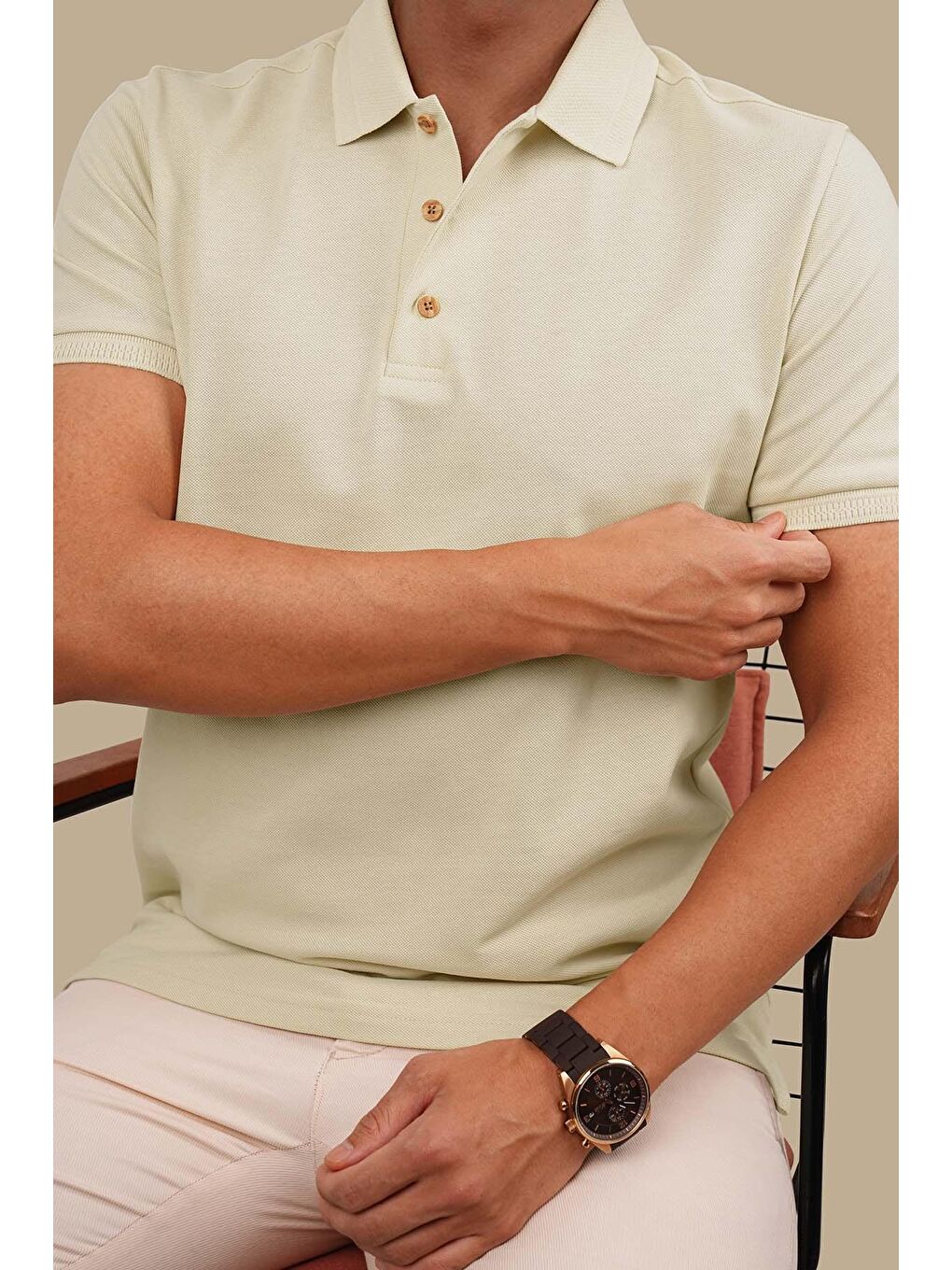 Bej Yaka Desenli Erkek Polo Yaka Tişört-1