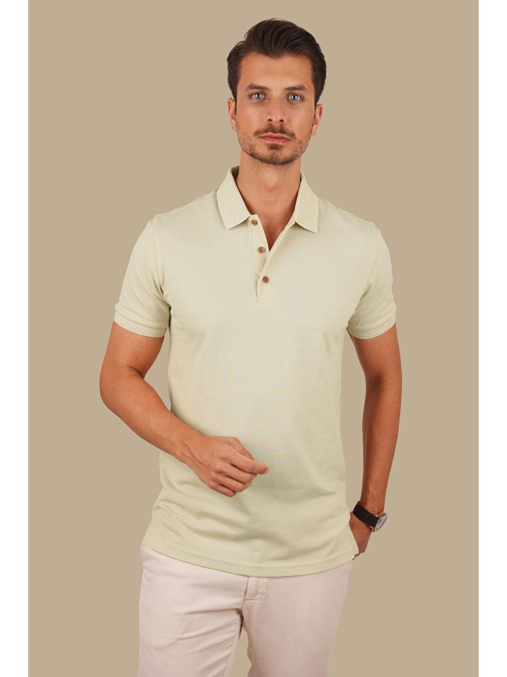 Bej Yaka Desenli Erkek Polo Yaka Tişört-6