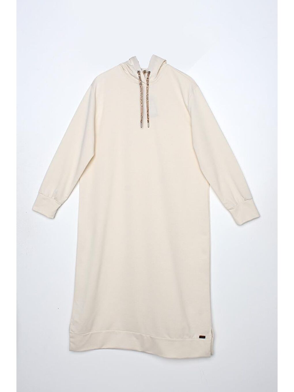 Ekru-Leopar Bağcıklı Kapüşonlu Rahat Tunik-6