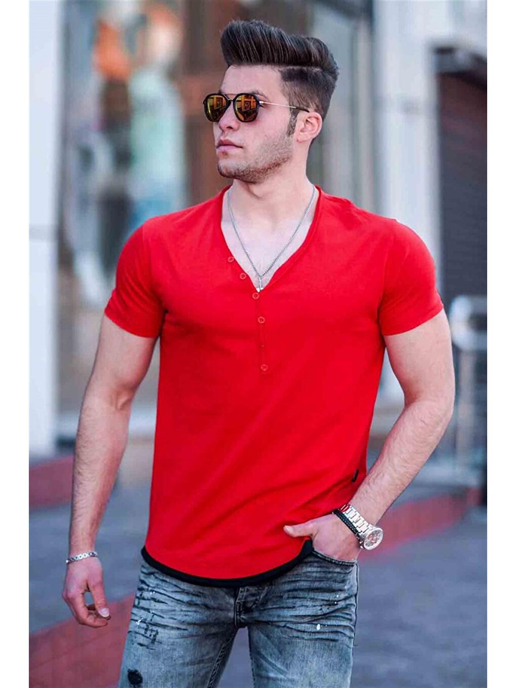 Düğmeli Kırmızı Erkek Tişört 4490