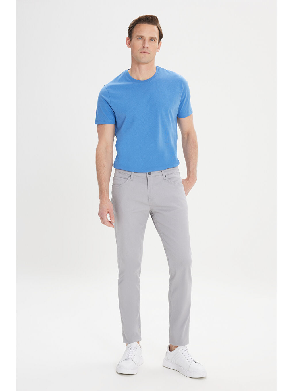 Erkek Gri 360 Derece Her Yöne Esneyen Slim Fit Dar Kesim Diyagonal Desenli Pantolon