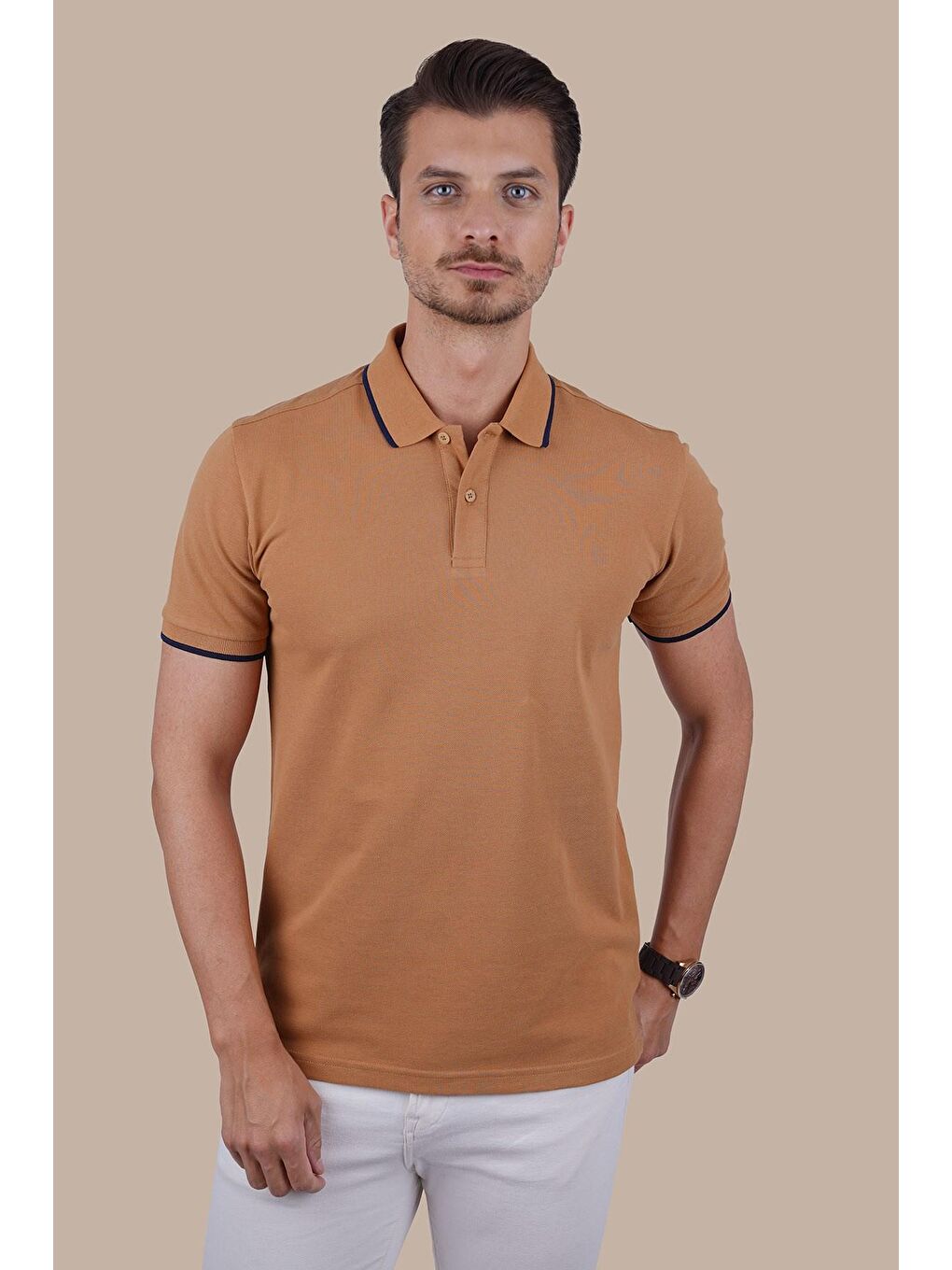 Kahverengi Taba Lacivert Yaka Çizgili Erkek Polo Yaka Tişört-2