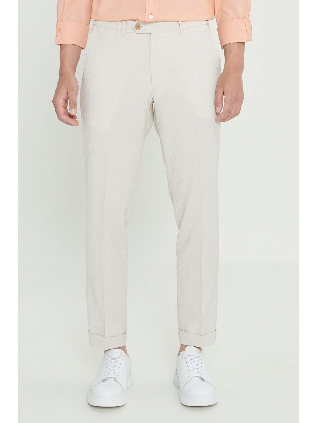 Erkek Bej Slim Fit Dar Kesim Kırışmaz Kumaş Gofre Desenli Beli Lastikli Pantolon