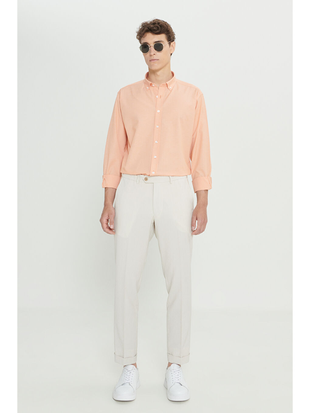 Erkek Bej Slim Fit Dar Kesim Kırışmaz Kumaş Gofre Desenli Beli Lastikli Pantolon-1