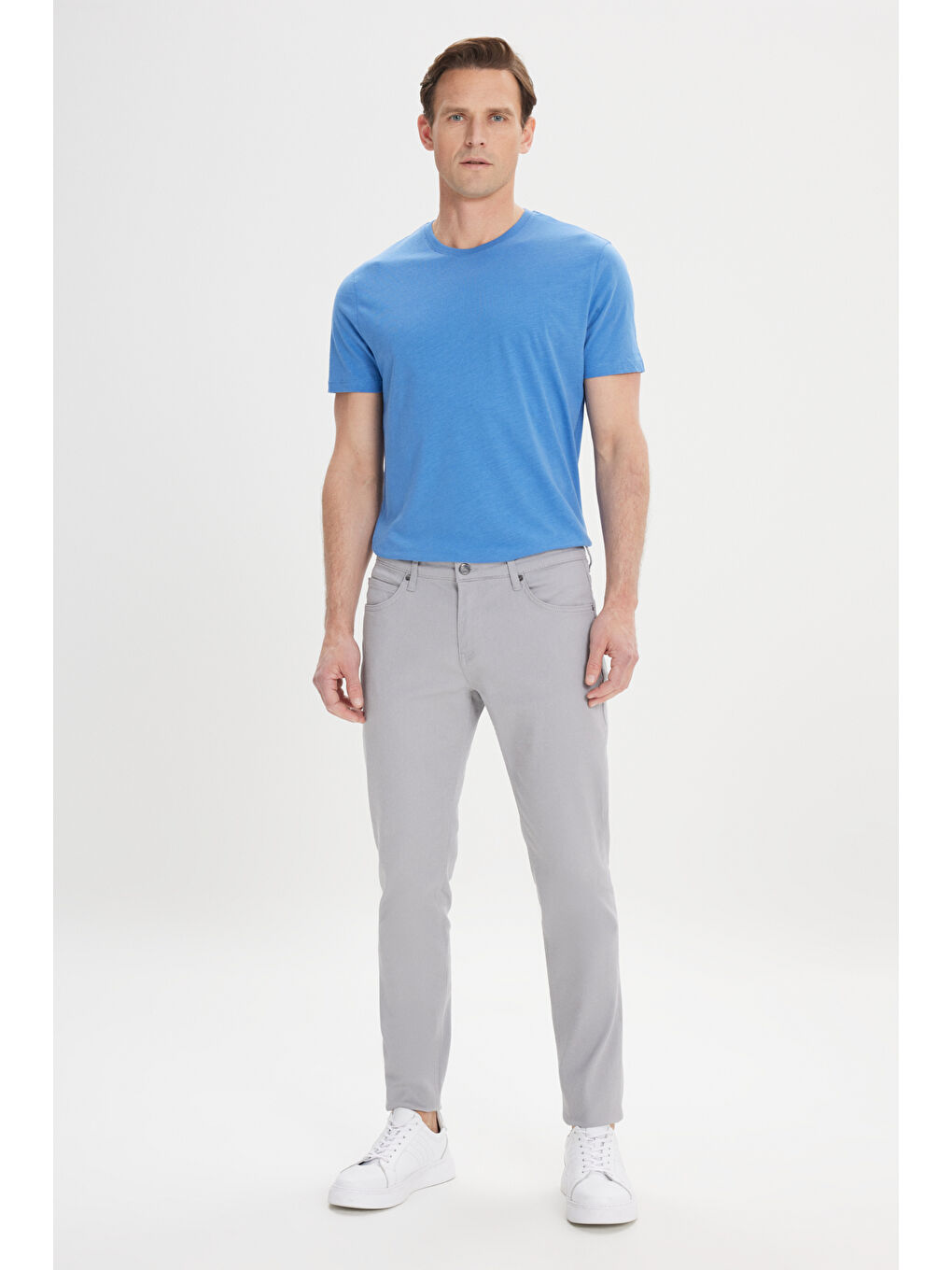 Erkek Gri 360 Derece Her Yöne Esneyen Slim Fit Dar Kesim Diyagonal Desenli Pantolon-5