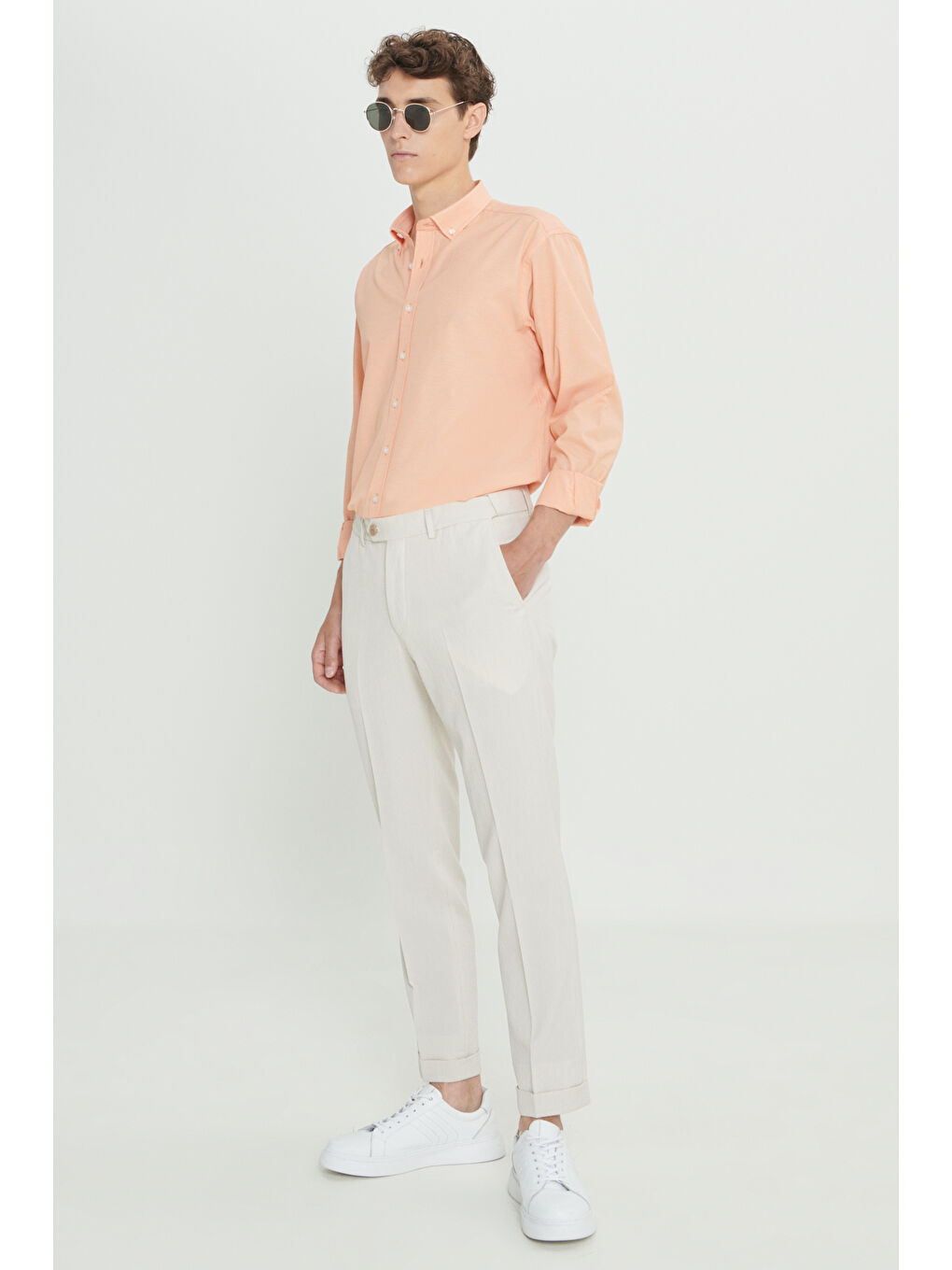 Erkek Bej Slim Fit Dar Kesim Kırışmaz Kumaş Gofre Desenli Beli Lastikli Pantolon-2