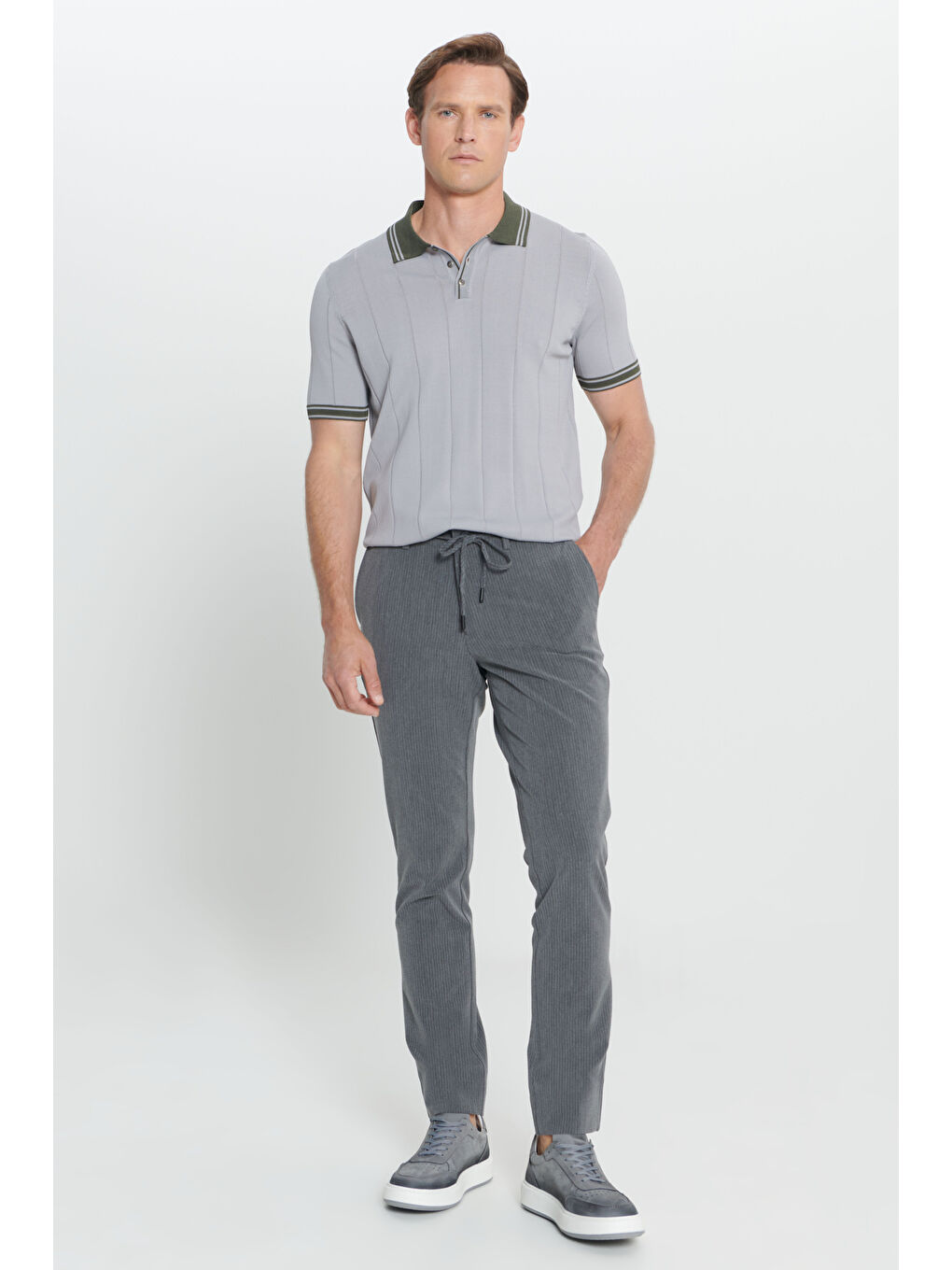 Erkek Antrasit Slim Fit Dar Kesim Yan Cepli Desenli Beli Lastikli Pantolon