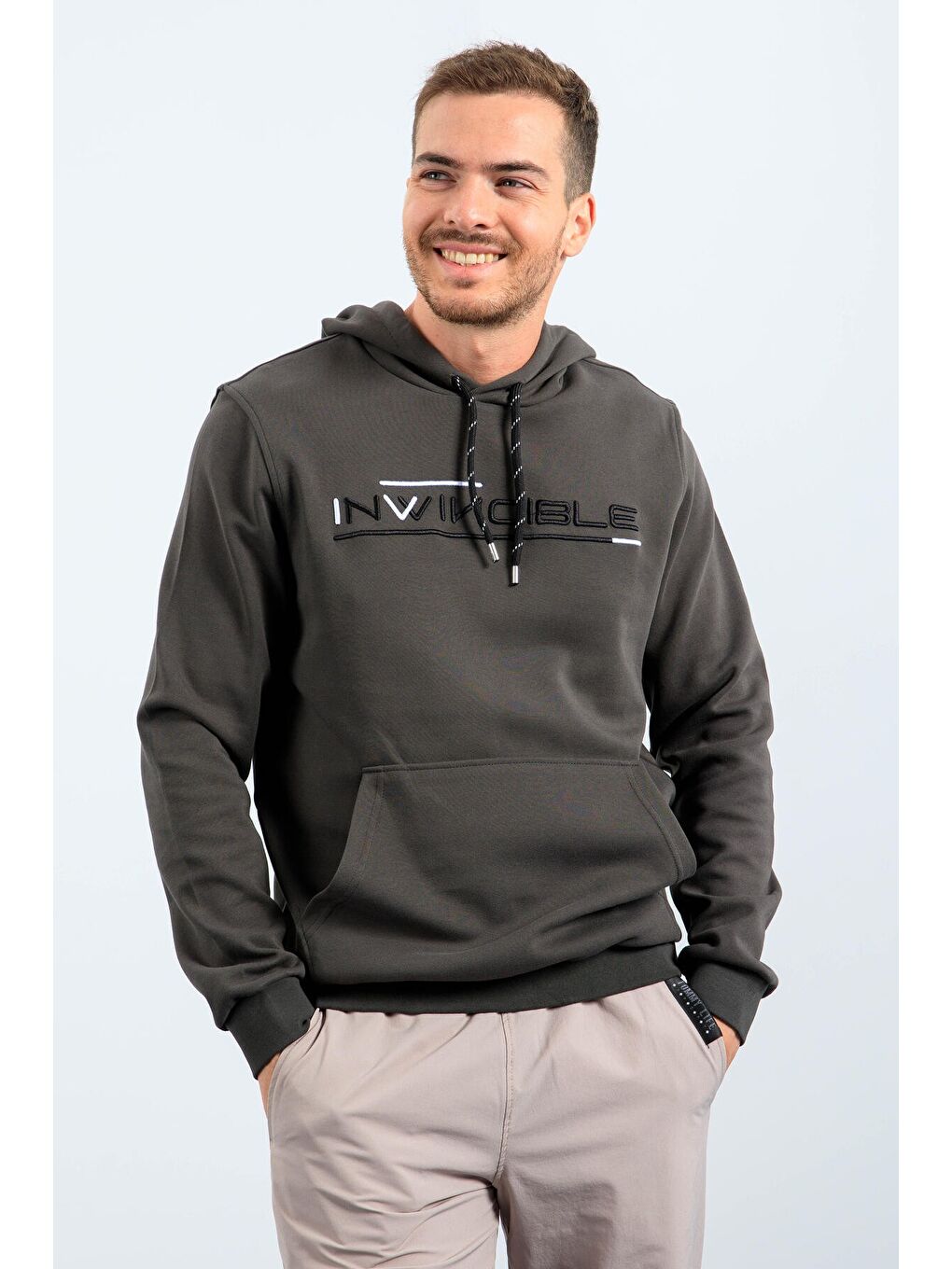 Haki Kanguru Cep Standart Kalıp Kapüşonlu  Erkek Hoodie - 87883
