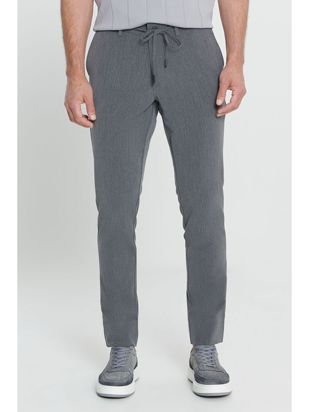 Erkek Antrasit Slim Fit Dar Kesim Yan Cepli Desenli Beli Lastikli Pantolon-1
