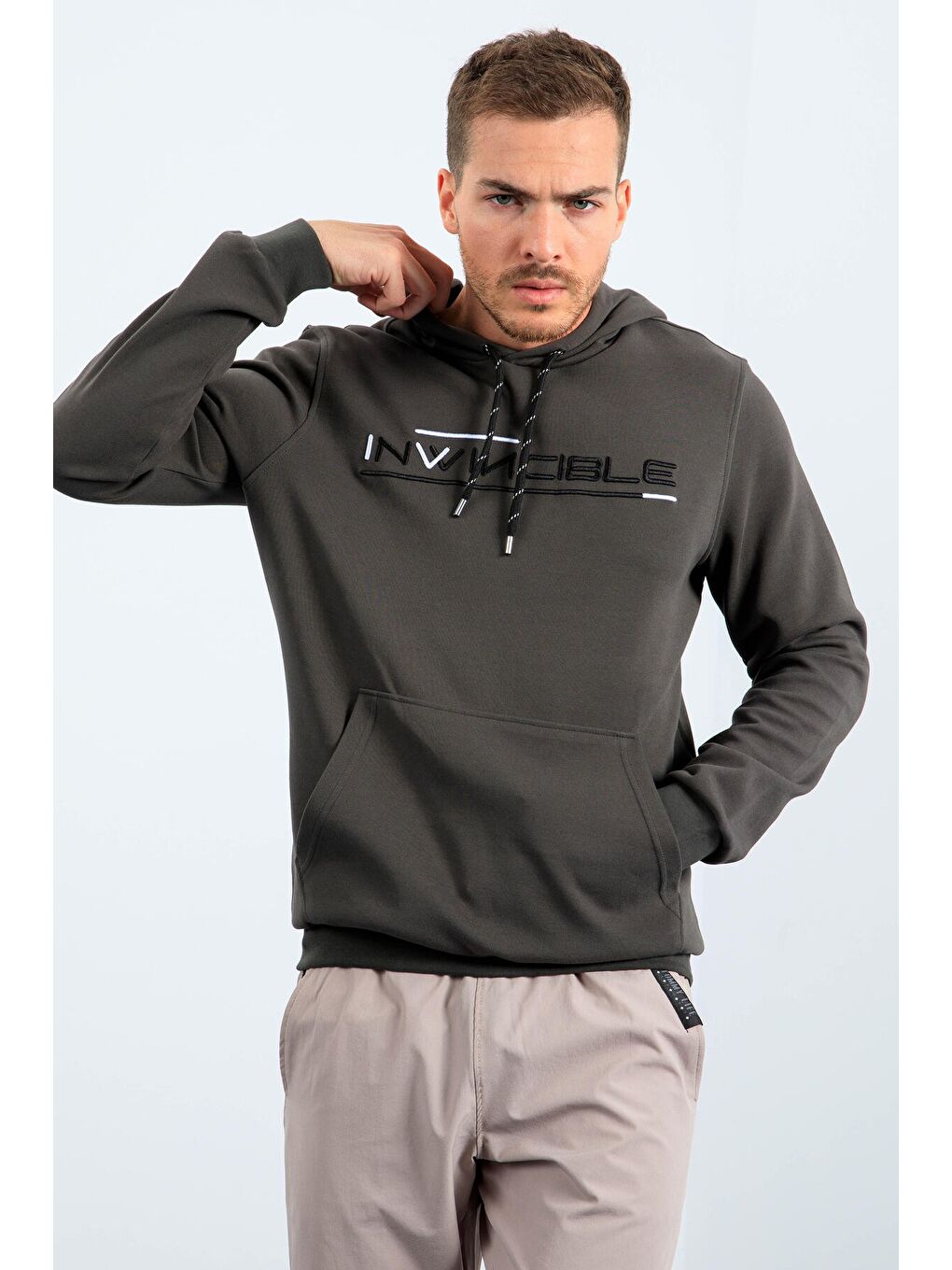 Haki Kanguru Cep Standart Kalıp Kapüşonlu  Erkek Hoodie - 87883-2