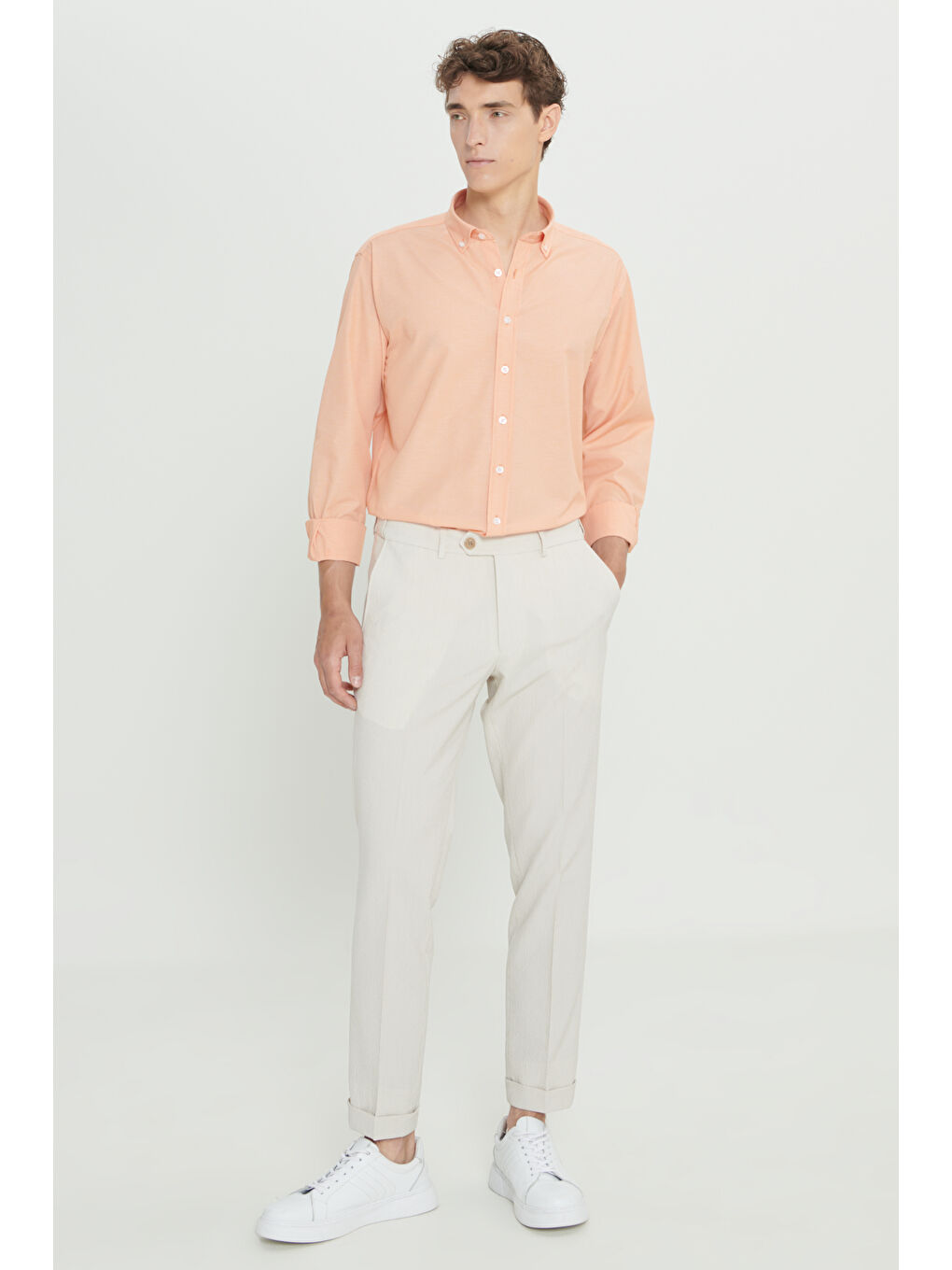 Erkek Bej Slim Fit Dar Kesim Kırışmaz Kumaş Gofre Desenli Beli Lastikli Pantolon-5