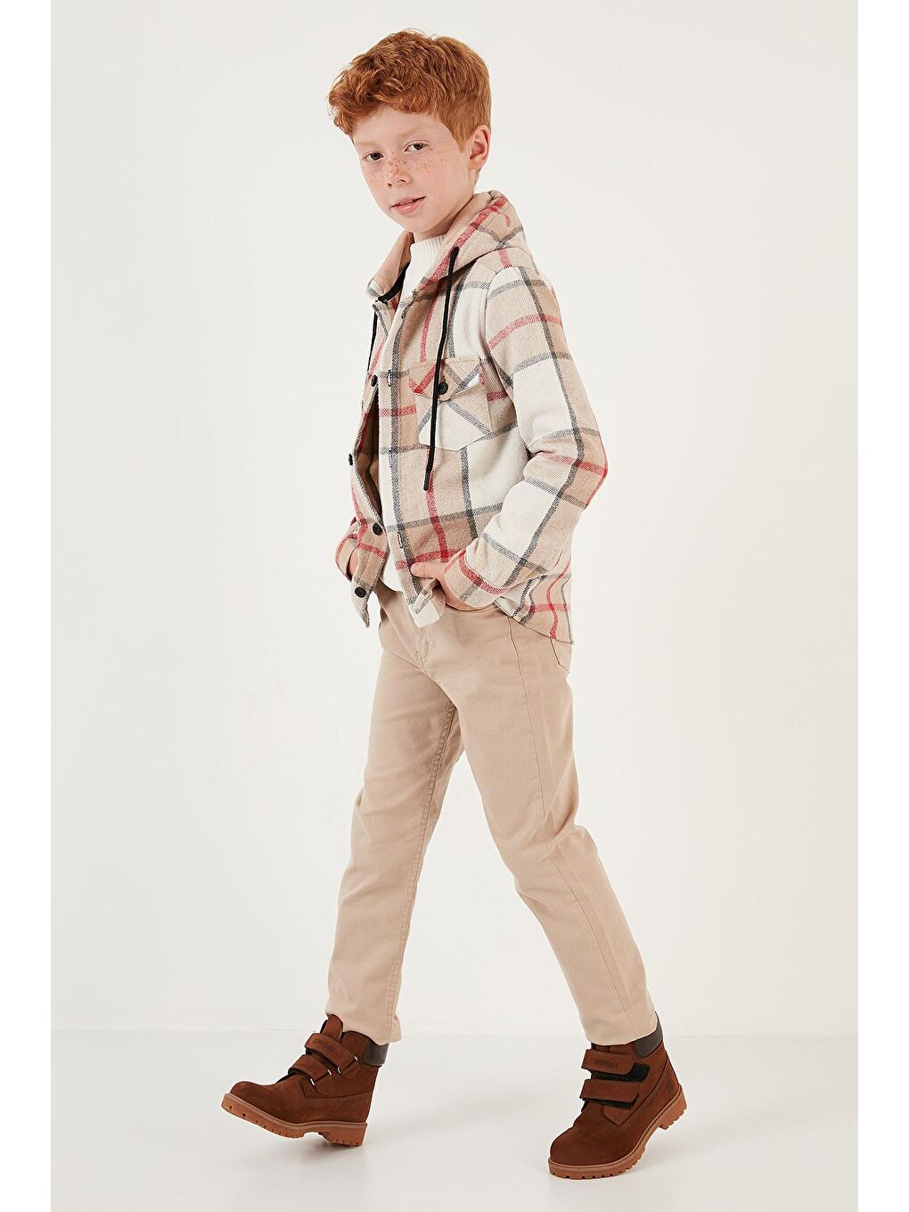 Bej Kapüşonlu Cepli Ekoseli Oduncu Gömlek CF24W81782-2