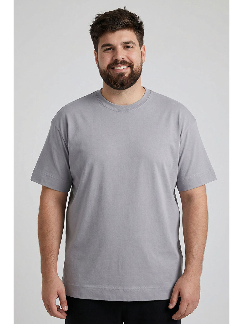 Gri Basic Kısa Kol O Yaka  Erkek Büyük Beden Tişört - 88072-2