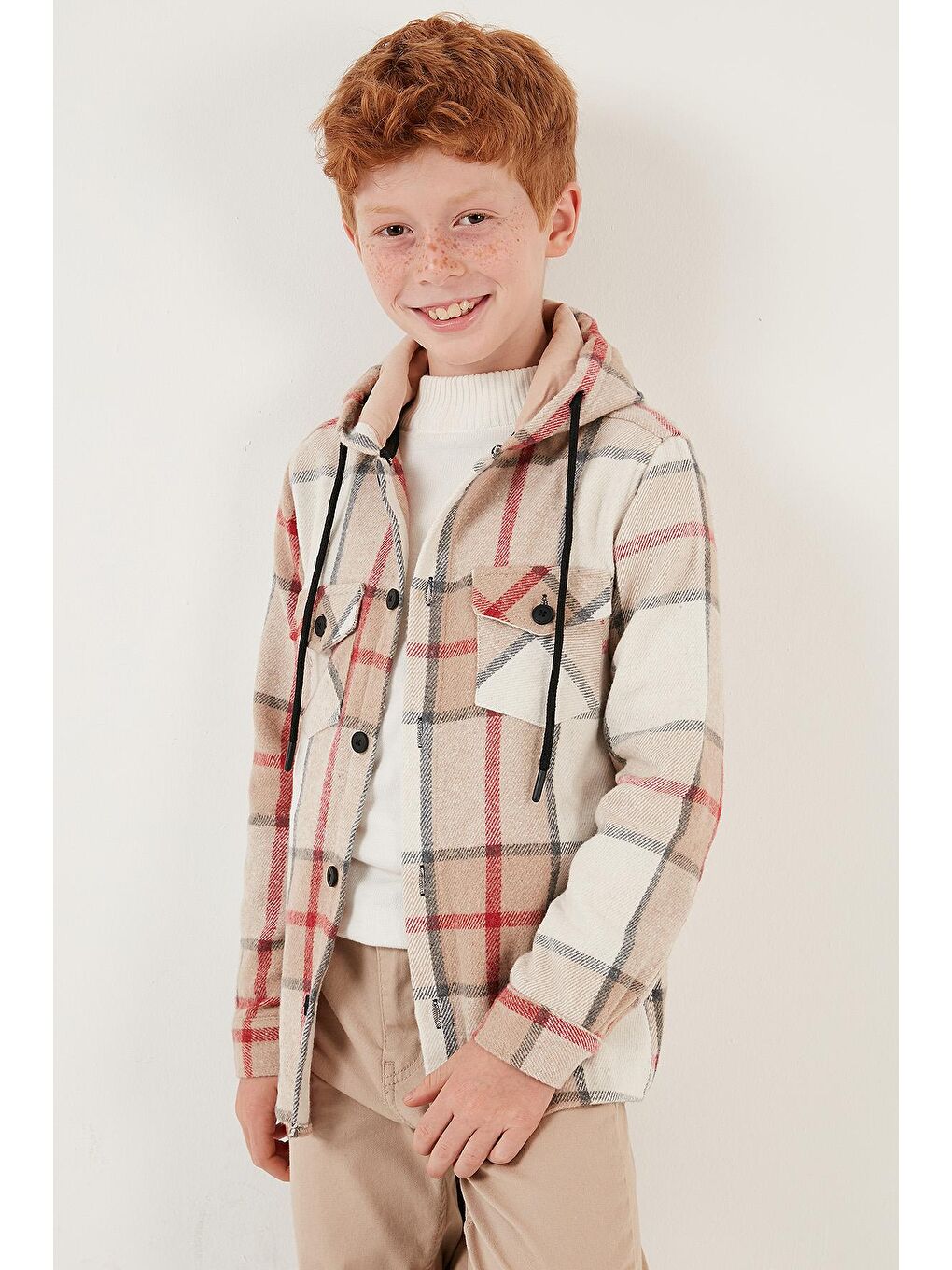 Bej Kapüşonlu Cepli Ekoseli Oduncu Gömlek CF24W81782-3