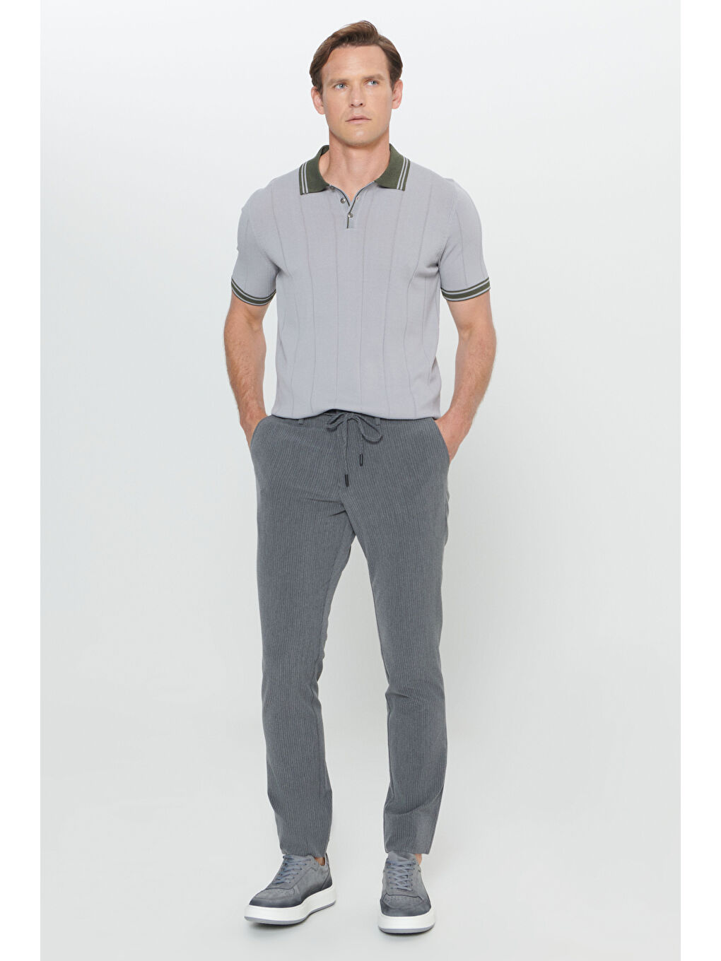 Erkek Antrasit Slim Fit Dar Kesim Yan Cepli Desenli Beli Lastikli Pantolon-2