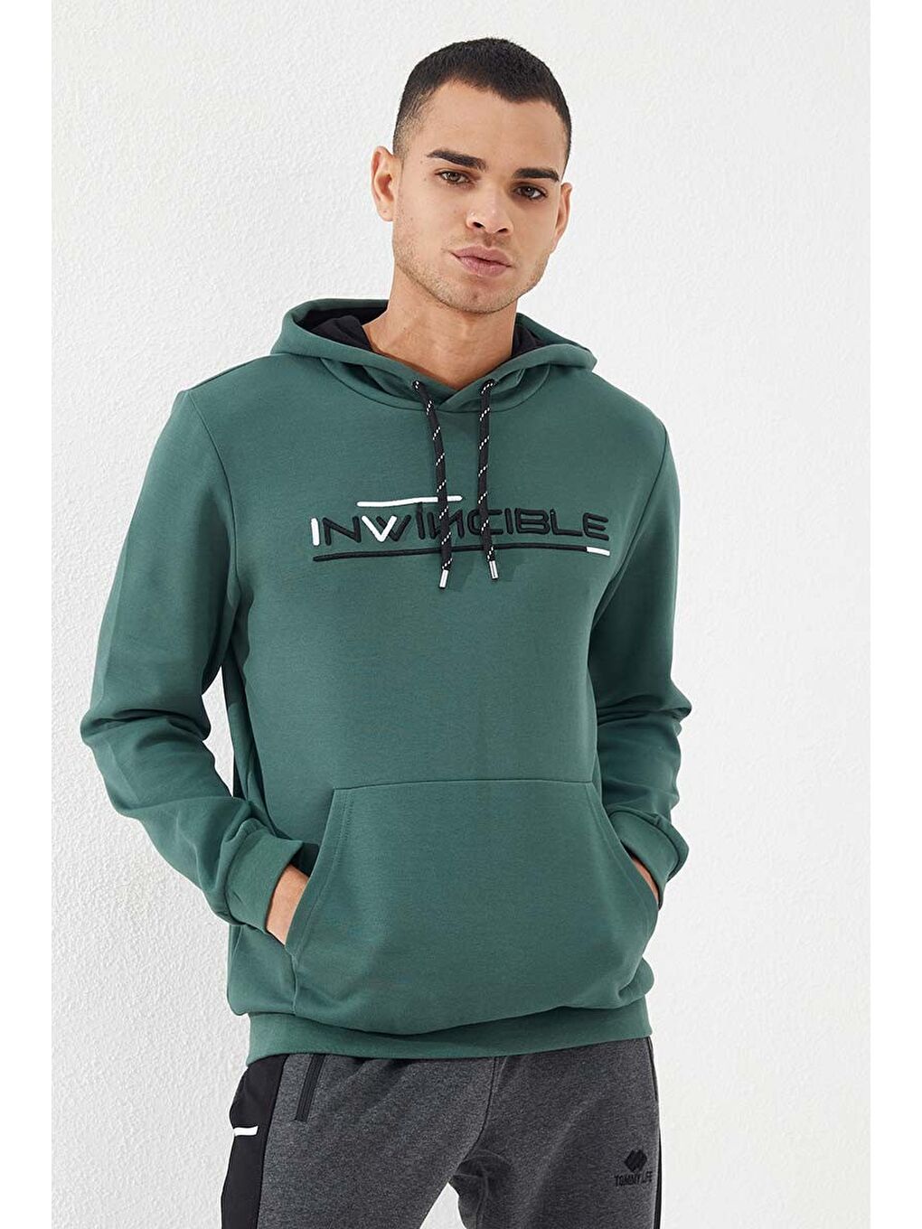 Yeşil Kanguru Cep Standart Kalıp Kapüşonlu  Erkek Hoodie - 87883-3