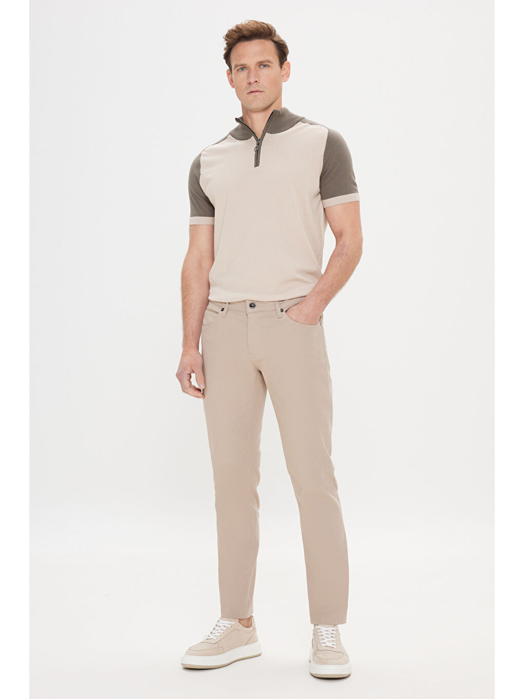 Bej Erkek Taş 360 Derece Her Yöne Esneyen Slim Fit Dar Kesim Diyagonal Desenli Pantolon-1